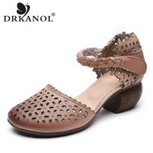 DRKANOL Summer Shoes Women Sandals 2022 Round Toe Retro Genuine Leather Casual Thick Heel Sandals Comfortable Cutout Sandals 2024 - buy cheap