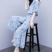Conjunto de duas peças feminino, blusa plissada e calças largas, nova moda verão 2020, traje feminino de chiffon azul ae916 2024 - compre barato