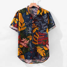 Рубашка мужская с цветочным принтом, модная пляжная Гавайская блузка из хлопка и льна, повседневные топы с коротким рукавом, лето 2024 - купить недорого