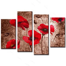 Home Decor Living Room Modular Pictures 4 Panel Red Flower Poppies On Brown Framed Wall Art Painting Hd Printed Canvas Poster 2024 - buy cheap