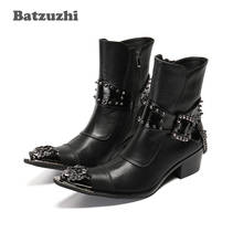 Batzuzhi-botas de vaquero de tacón alto para hombre, botines de cuero de alta calidad hechos a mano, puntiagudos, puntiagudos, con cadenas, 6,5 CM 2024 - compra barato