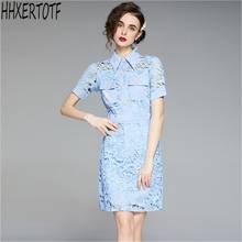 2021 verão moda pista do vintage vestido feminino manga curta elegante frisado fivela azul renda oco vestido 2024 - compre barato