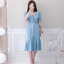 New 2022 women vintage square neck puff sleeve denim midi dress female single breasted split vestido chic casual slim dresses 2024 - buy cheap