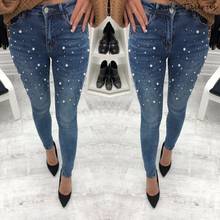 Calça jeans feminina bordada, slim, skinny, jeans, high street, azul, preta, jeans de dobra com strass 2021 2024 - compre barato