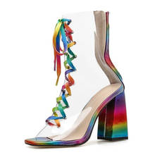 Sapato feminino cordões arco-íris, calçado feminino salto quadrado alça tornozelo salto alto grosso romano 2024 - compre barato