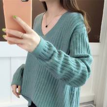 Women Green Sweater New 2022 Autumn Winter Knitted Jumper Sweaters Casual Loose Long Sleeve V neck Soft Pullovers Female Clothes 2024 - buy cheap