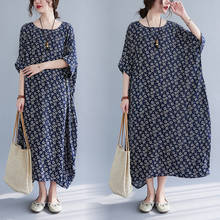 Plus Size Women Sunflower Dress 2021 Summer New Batwing Loose Cotton Linen Maxi Dress Robe Female Big Size Kawaii Floral Dresses 2024 - buy cheap