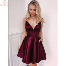 Burgundy Homecoming Dresses 2020 Short Satin V Neck Simple Mini Spaghetti Strap A Line Ruched Formal Party Graduation Gown Cheap 2024 - buy cheap