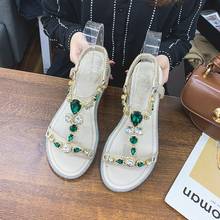 Sandalias con recortes a la moda para mujer, zapatos bohemios con correa en T y Punta abierta, con diamantes de imitación grandes, informales y verdes, para verano, 2020 2024 - compra barato