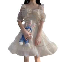 Летнее женское шифоновое платье, милый японский сарафан с бантом и открытыми плечами, Короткие сетчатые платья принцессы на бретелях с пышными рукавами 2024 - купить недорого