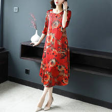 2021 vermelho floral amoreira seda solta midi vestidos de verão impressão 4xl plus size meia manga vestido feminino elegante bodycon 2024 - compre barato