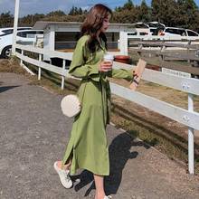 Vestido feminino manga comprida, vestido casual sólido com faixas estiloso botões folgado z27 primavera verão 2020 2024 - compre barato