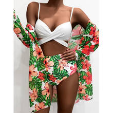 Printed Bikini Beach Cover Up Women High Waist Swimsuit Female 2021 Sexy Three Pieces Bikini Set Cross Push Up Bathing Suit Swim 2024 - buy cheap