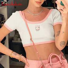 Sexy Crop Top Women Summer Cat Graphic Knit Tee Shirt Ladies Ribbed Baddie Egirl Cropped Top 2020 Cute Y2k  Kawaii Egirl T Shirt 2024 - buy cheap