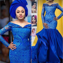 Aso Ebi Royal Blue Mermaid Evening Dress Long Sleeve Off Shoulder Shiny Lace Prom Dresses African Ruffled Skirt Formal Gowns 2024 - buy cheap