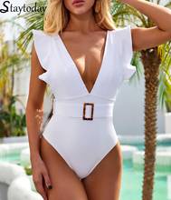 Women Ruffles Deep V-neck One Piece Swimsuit Backless Slim Style Beach Bathing Bikini With Belt 2021 Girl Sexy Swimwear 2024 - buy cheap