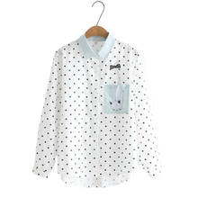 XUANHAO Cotton Women's Cartoon Cat Embroidery Polka Dot Blouses 2020 Autumn Long Sleeve Turndown Collar Shirts And Blouses 2024 - buy cheap