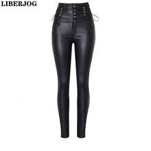 Women Coating Imitate Pu Leather Pants High-waist Elastic Row Buckle Bandage Decoration Pencil Pants Solid Black Trousers Autumn 2024 - buy cheap