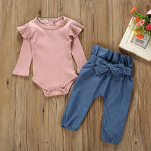 TELOTUNY Children's clothing Newborn Kids Baby Girls Solid Long Sleeve Ruffles Romper Bodysuit Top+Denim Pants Outfits Set Jun20 2024 - buy cheap