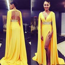 Yellow Crystal Prom Dresses V Neck abendkleider Chiffon A Line Evening Gowns Side Slit Party Dress Yellow robe de soiree 2024 - buy cheap