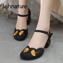 Johnature Genuine Leather Pumps Women Shoes Buckle Strap Embroidery Retro Ginkgo High Heels Handmade Concise Ladies Shoes 2024 - buy cheap