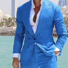 Blue Linen Peaked Lapel One Button Wedding Tuxedos Summer Beach Costume Groom Wear Formal Best Man Blazer Suits (Jacket+Pants) 2024 - buy cheap