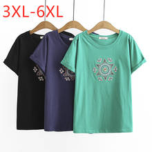 Camiseta feminina plus size de algodão, nova coleção 2021, blusas femininas soltas manga curta, bordadas, gola redonda, verde/azul, 3xl 4xl 5xl 6xl 2024 - compre barato