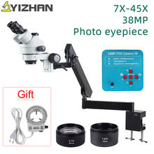 YIZHAN 7X-45X Industrial Trinocular Stereo Microscope Articulating Arm Pillar Clamp Zoom + 38MP HDMI Video Camera gift LED light 2024 - buy cheap