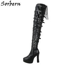 Sorberna botas altas de virilha personalizadas, mulheres, salto alto grosso, plataforma dupla, 12 alças, sapatos estilo punk, botas longas, sexy, bota de fetiche 2024 - compre barato