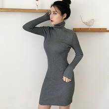 Vestido corto de manga larga ajustado para otoño, minivestido Sexy para mujer, con cuello alto, básico, color gris y negro 2024 - compra barato