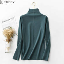 Lerfey primavera feminino camiseta casual sólida manga longa gola alta quente camisetas femininas básicas tops 2024 - compre barato