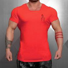 Camiseta fitness masculina, camiseta da moda com gola quadrada, manga curta de algodão para academia e musculação, top apertado 2024 - compre barato
