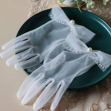 Luvas de casamento para a noiva guantes pérola frisado arco-nó dedos curto branco tule luvas de vestido de casamento acessórios foto adereços 2024 - compre barato