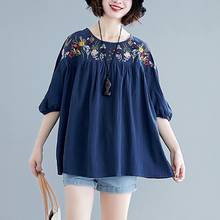 Plus Size Women Cotton Linen Tops T-shirt New Summer Sweet Style Floral Embroidery Tshirt Loose Fmale Tops Tees Lantern Sleeve 2024 - buy cheap