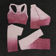 Conjunto de Yoga sin costuras para mujer, mallas de cintura alta con degradado, sujetador y Top corto de manga larga, ropa deportiva para entrenamiento, 4 Uds. 2024 - compra barato