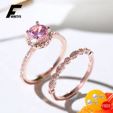 Anillos modernos de plata 925 para mujer, conjunto de anillo redondo de piedra preciosa de circón Rosa 2 en 1, accesorios de compromiso de boda 2024 - compra barato