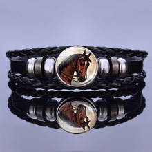 New Fashion Jewelry Gift Animal Accessories Black Horse Braided Leather Bracelet Button Glass Illustration Dome Pendant 2024 - buy cheap