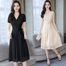 Lace Dress 2020 Summer New Korean Women's Clothing Slim High Waist Long Dress Lady V-neck Black/Apricot Dress Lace Up Robe Kn046 2024 - buy cheap