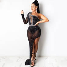Luxury Celebrity Rhinestone Elegant Maxi Dresses for Women Night Party Mesh Sheer One Shoulder Asymmetrical High Slit Long Dress 2024 - buy cheap