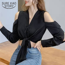 New French Sexy Off Shoulder Tops V-neck Long Sleeve Short Chiffon Shirt Hollow Out Tied Elegant Black Blouse Blusas Mujer 12930 2024 - buy cheap