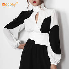 Hollow Out Elegant Women's Shirts Stand Collar Lantern Long Sleeve Hit Color Sexy Shirt Blouse Female 019 Autumn Fashion New 2024 - buy cheap