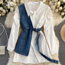 2021 Korean Spring Summer Clothing Women Vintage Slim Dresses Womens Lapel Long Slevee Shirt Dress + Irregular Denim Vest Suit 2024 - buy cheap