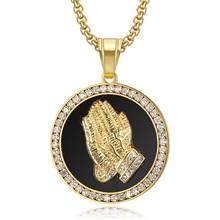 Hip Hop AAA CZ Stone Paved Bling Iced Out Stainless Steel Praying Hand Round Pendant Necklace for Men Jewelry Drop Shipping 2024 - buy cheap