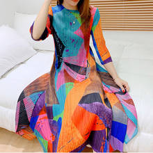 Miyake Pleated Geometric Painted Dress Women Fall 2021 Winter Round neck Loose Plus size Long Designer Clothing 2024 - buy cheap