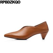 Mules Slipper Pointed Toe Genuine Leather Luxury Block Sandals Slip On Brand Women Shoes 2021 Pumps Medium Heels Thick Brown 2024 - buy cheap