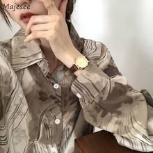 Женские рубашки с принтом и длинным рукавом, элегантная свободная универсальная женская рубашка с отложным воротником в Корейском стиле, Модный повседневный дизайн, новая коллекция для осени 2024 - купить недорого