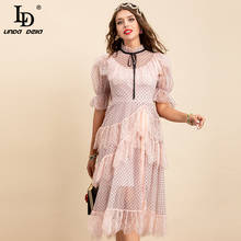 LD LINDA DELLA New 2021 Summer Fashion Mesh Dot Print Dress Women Puff Sleeve Lace Patchwork Asymmetrical Lady Party Midi Dress 2024 - buy cheap