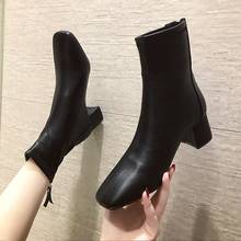 2021 Ankle Boots Autumn Square Mid Heels Female Round Toe PU Leather Boots Ladies Casual Slip Women Shoes Boots 2024 - buy cheap