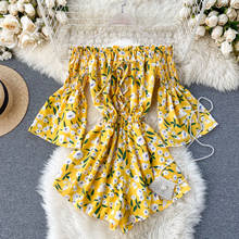 2020 Boho style off shoulder sexy floral print Jumpsuit lace up Women Short Summer high waist Playsuit flare sleeve Beach Romper 2024 - buy cheap