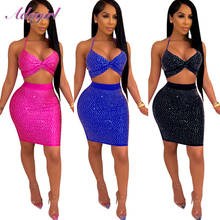 Women Party Two Piece Set Sexy Diamond Halter Strapless Backless Crop Tops + Bodycon Mini Skirt Set Outfit Evening Club Suit 2024 - buy cheap